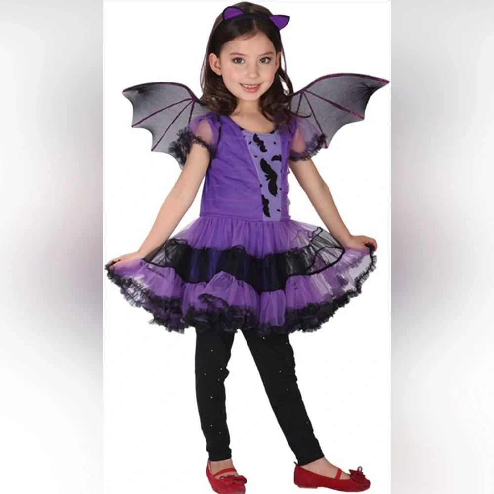 NWT Girls Bat Witch‎ Costume Halloween Cosplay Fancy Dress Up with Bat Wings XL
